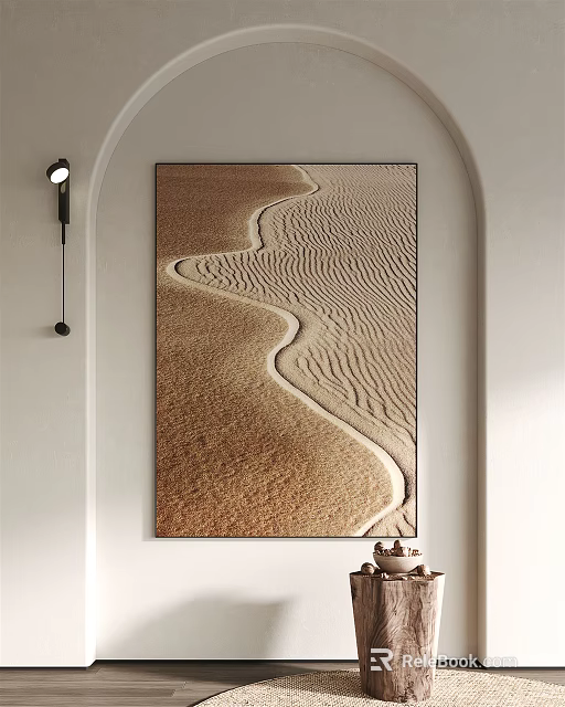 Desert Sand Pattern Wall Art In White Interior With Arched Frame And Wall Lamp 3d model