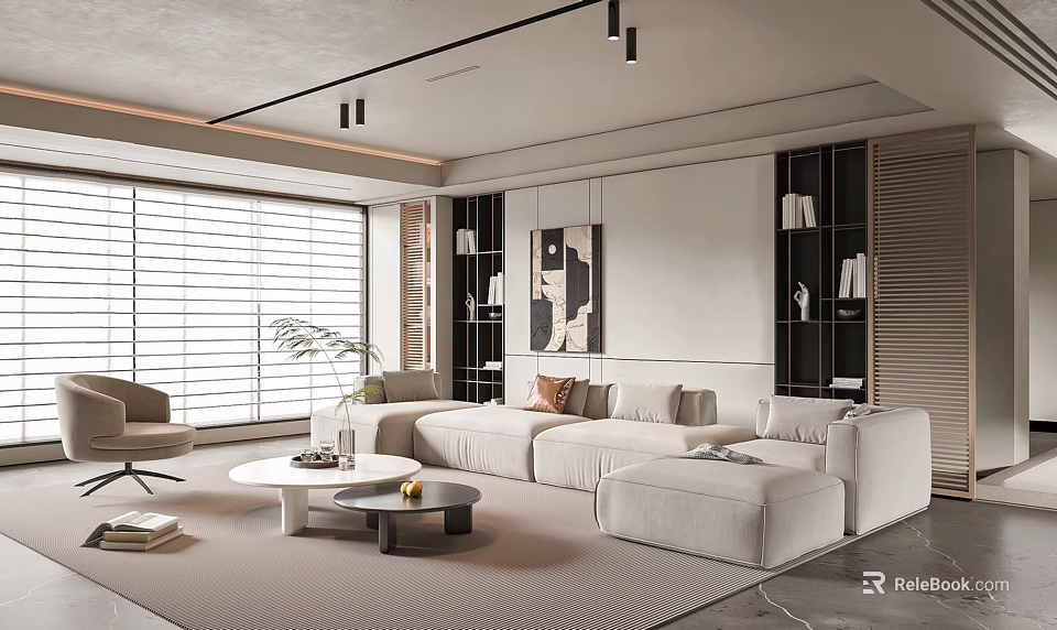 Modern Living Room Interior With Beige Sofa Coffee Table Blinds Bookshelves And Decorative Art 3d model 