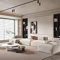 Modern Living Room Interior With Beige Sofa Coffee Table Blinds Bookshelves And Decorative Art