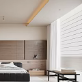 Modern Bedroom Interior With Black Bed Wooden Wall Large Window White Curtains And Light Rug