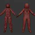 Two Men In Red And Blue Astronaut Suits Holding Hands Standing Together