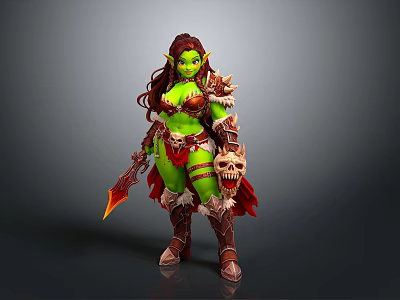 Green Skinned Female Warrior With Red Hair Flaming Weapon And Skull Decoration 3d model
