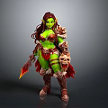 Green Skinned Female Warrior With Red Hair Flaming Weapon And Skull Decoration