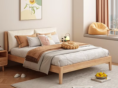 Double Bed with Wooden Frame Soft Pillows Blanket Sunflower Painting Nightstand Lamp in Minimalist Bedroom 3d model
