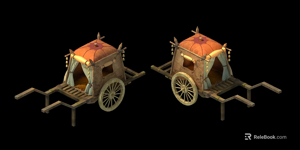 Two Antique Wooden Carriages with Orange Roofs Decorative Elements and Wooden Wheels 3d model 