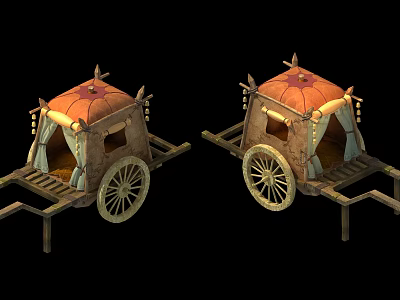 Two Antique Wooden Carriages with Orange Roofs Decorative Elements and Wooden Wheels 3d model