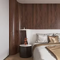Modern Bedroom With Wooden Wall Paneling White Headboard Gold Bedding And Wooden Floor