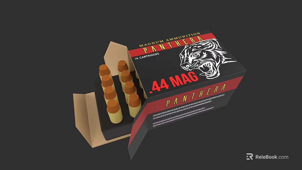 Panthea .44 MAG Ammunition Open Box with Yellow Bullets and Tiger Design 3d model 