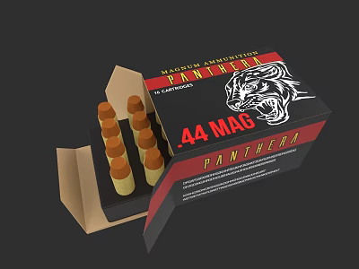Panthea .44 MAG Ammunition Open Box with Yellow Bullets and Tiger Design 3d model
