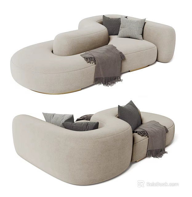 Modern Beige Curved Sectional Sofa With Gray Pillows And Throw Blanket 3d model