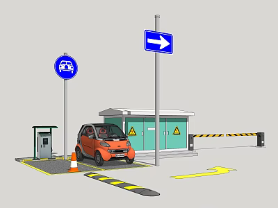 Parking Lot Entrance With Blue Signs Arrow Orange Car Kiosk And Barrier 3d model