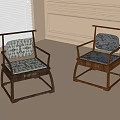 Two Chinese Style Dining Chairs With Wooden Frame And Patterned Gray Blue Cushions