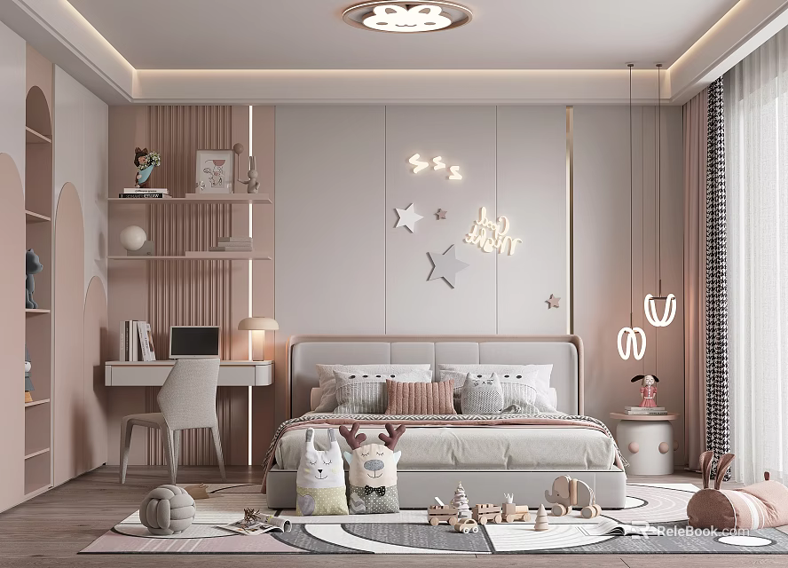 Cozy Pastel Kids Room Interior With Bed Bookshelf Study Desk Star Decorations And Toys 3d model 