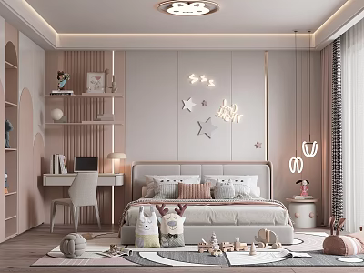 Cozy Pastel Kids Room Interior With Bed Bookshelf Study Desk Star Decorations And Toys 3d model