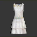 White Layered Dress With Decorative Waist Belt And Floral Accents
