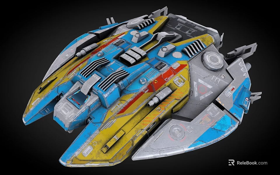 Futuristic Sci-Fi Spaceship Featuring Blue Yellow Red Color Detailed Armor And Engine Components 3d model 