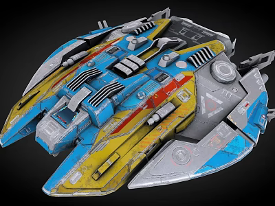 Futuristic Sci-Fi Spaceship Featuring Blue Yellow Red Color Detailed Armor And Engine Components 3d model