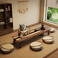 Minimalist Japanese Living Room With Wooden Low Table Round Cushion Seats Bookshelf And Garden View
