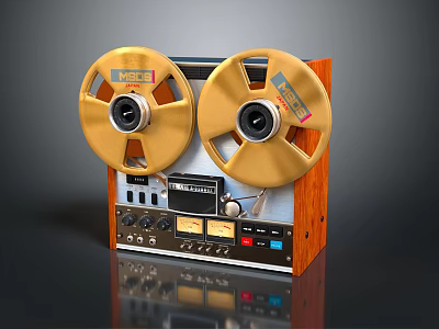 Vintage Reel to Reel Tape Recorder With Golden Reels Wooden Case And Control Panel 3d model