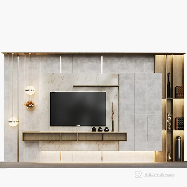 Modern TV Console with Marble Panel Wooden Cabinets and Decorative Lights 3d model
