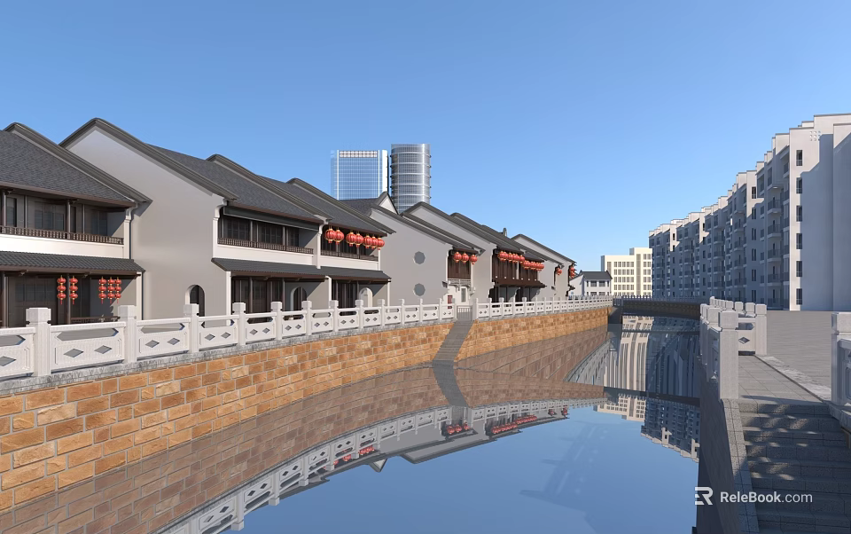 Ancient Architecture with Traditional Roof and Red Lanterns Along Canal Near Modern High-rises 3d model 