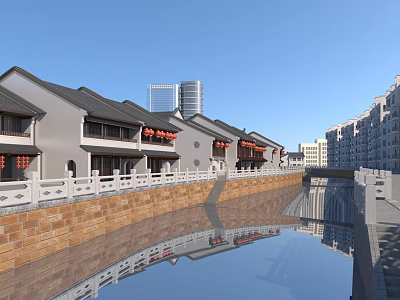 Ancient Architecture with Traditional Roof and Red Lanterns Along Canal Near Modern High-rises 3d model