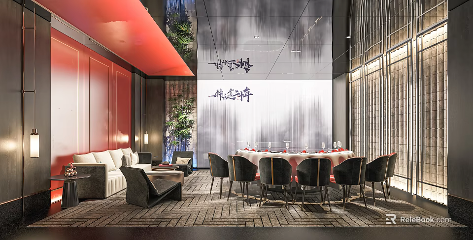 Elegant Private Dining Room With Red Walls Grey Ink Backdrop Round Table Black Chairs 3d model 