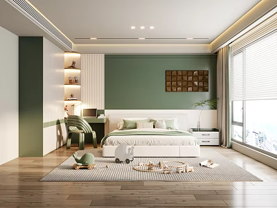 Modern Kids Room Interior With Green Wall White Bed Toys Bookshelf And Cozy Rug 3d model