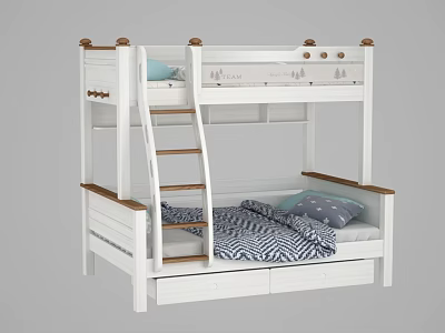 White Kids Bunk Bed With Wooden Ladder Guardrails Drawers And Blue Bedding 3d model