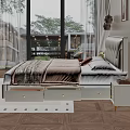 Modern Bedroom Interior With Tufted Headboard Underbed Drawers Nightstand And Wall Art