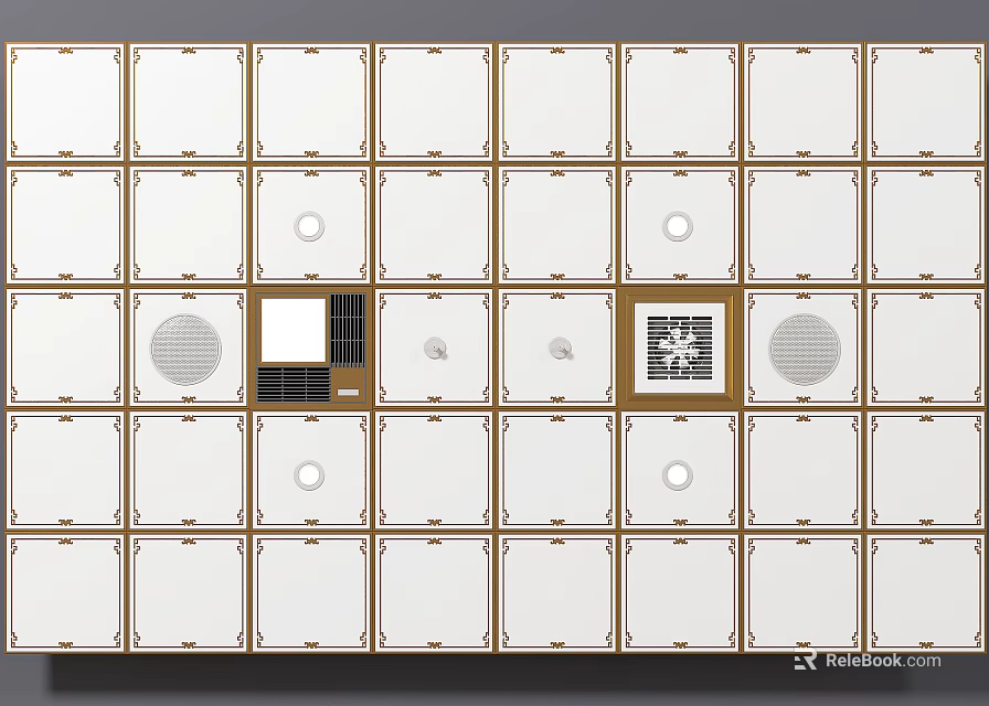 Modern Ceiling Design With White Panels Gold Frames Circular Openings And QR Code Elements 3d model 