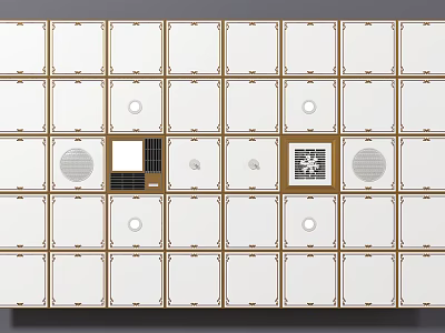 Modern Ceiling Design With White Panels Gold Frames Circular Openings And QR Code Elements 3d model