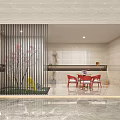 Modern Sales Office Interior With Red Chairs Wooden Ceiling And Bookshelves