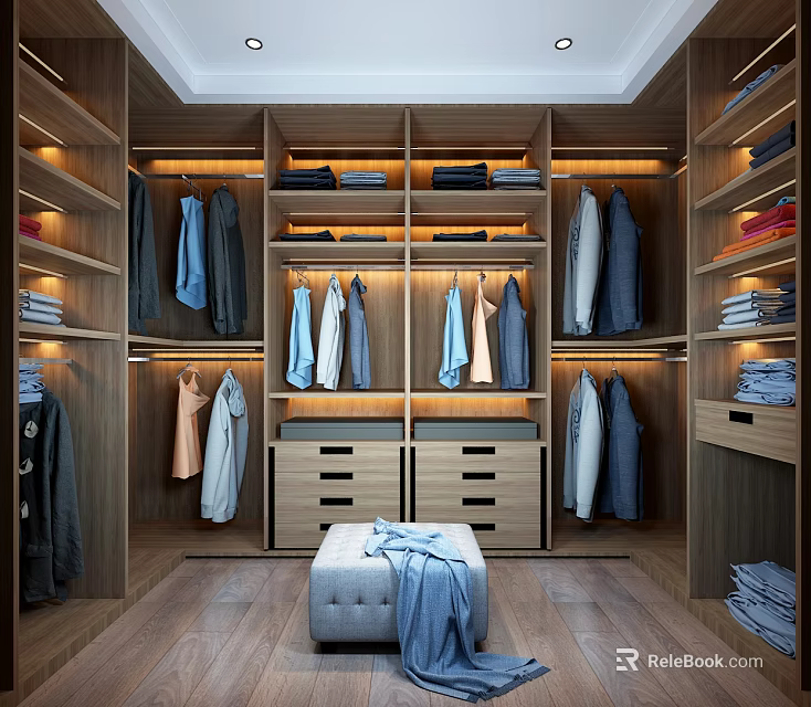 Modern Organized Wooden Walk in Closet Interior With Hanging Clothes Drawers And Bench 3d model 