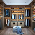 Modern Organized Wooden Walk in Closet Interior With Hanging Clothes Drawers And Bench