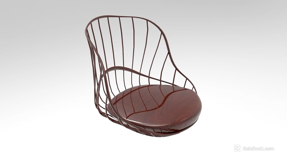 Modern Metal Frame Stool With Curved Lines And Glossy Wooden Seat 3d model 