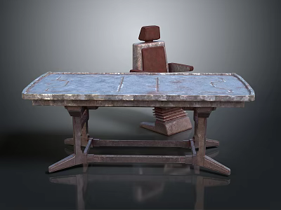 Modern Office Desk With Wooden Surface And Sturdy Metal Legs Chair Included Design 3d model