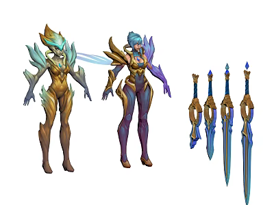 Colorful Mythical Characters With Creature Inspired Armor And Five Elaborate Swords 3d model
