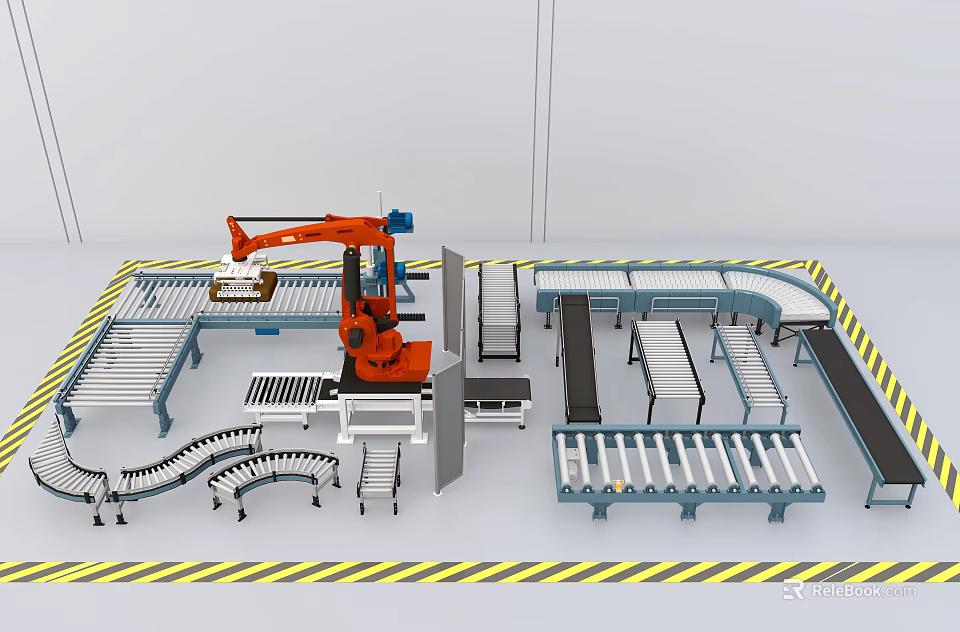 Modern Industrial Equipment With Robotic Arm And Conveyor Belt Production Line 3d model 