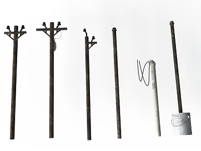 Various Utility Poles In Different Styles With Wires And Metal Bucket 3d model