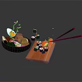Fresh Fish Sushi On Wooden Cutting Board With Green Bowl And Chopsticks