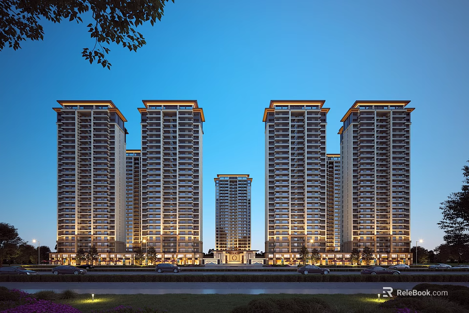 Modern Residential High Rise Buildings At Night With Bright Exterior Lighting Neatly Arranged 3d model 