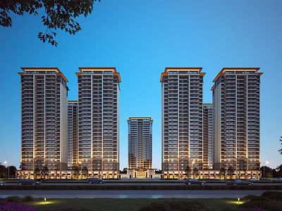 Modern Residential High Rise Buildings At Night With Bright Exterior Lighting Neatly Arranged 3d model