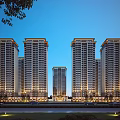 Modern Residential High Rise Buildings At Night With Bright Exterior Lighting Neatly Arranged