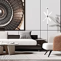 Modern Living Room With Beige Sofa Brown White Cushions Round Marble Coffee Table Dried Flowers