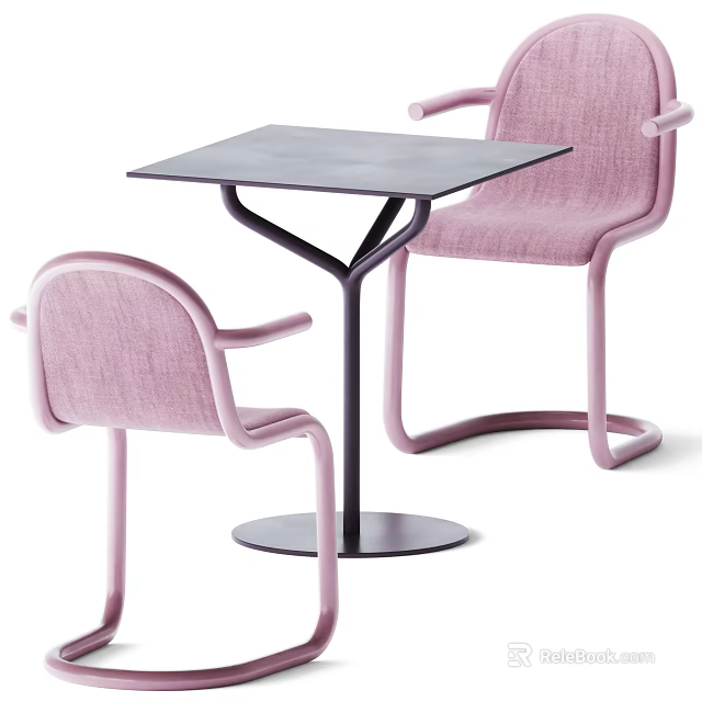 Modern Dining Table Set With Square Black Tabletop And Pink Upholstered Armchairs 3d model