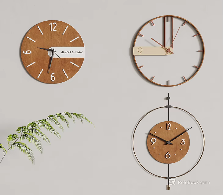 Three Unique Wooden Wall Clocks with Different Designs and Green Leaf Decoration on Light Background 3d model 