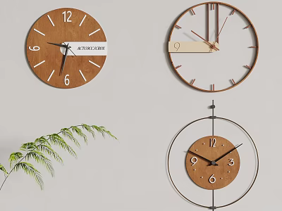 Three Unique Wooden Wall Clocks with Different Designs and Green Leaf Decoration on Light Background 3d model