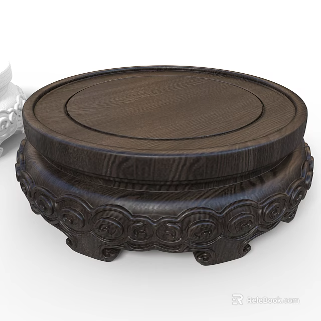 Dark Wood Round Wooden Stand with Carved Patterns and Traditional Design 3d model 