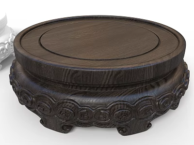 Dark Wood Round Wooden Stand with Carved Patterns and Traditional Design 3d model